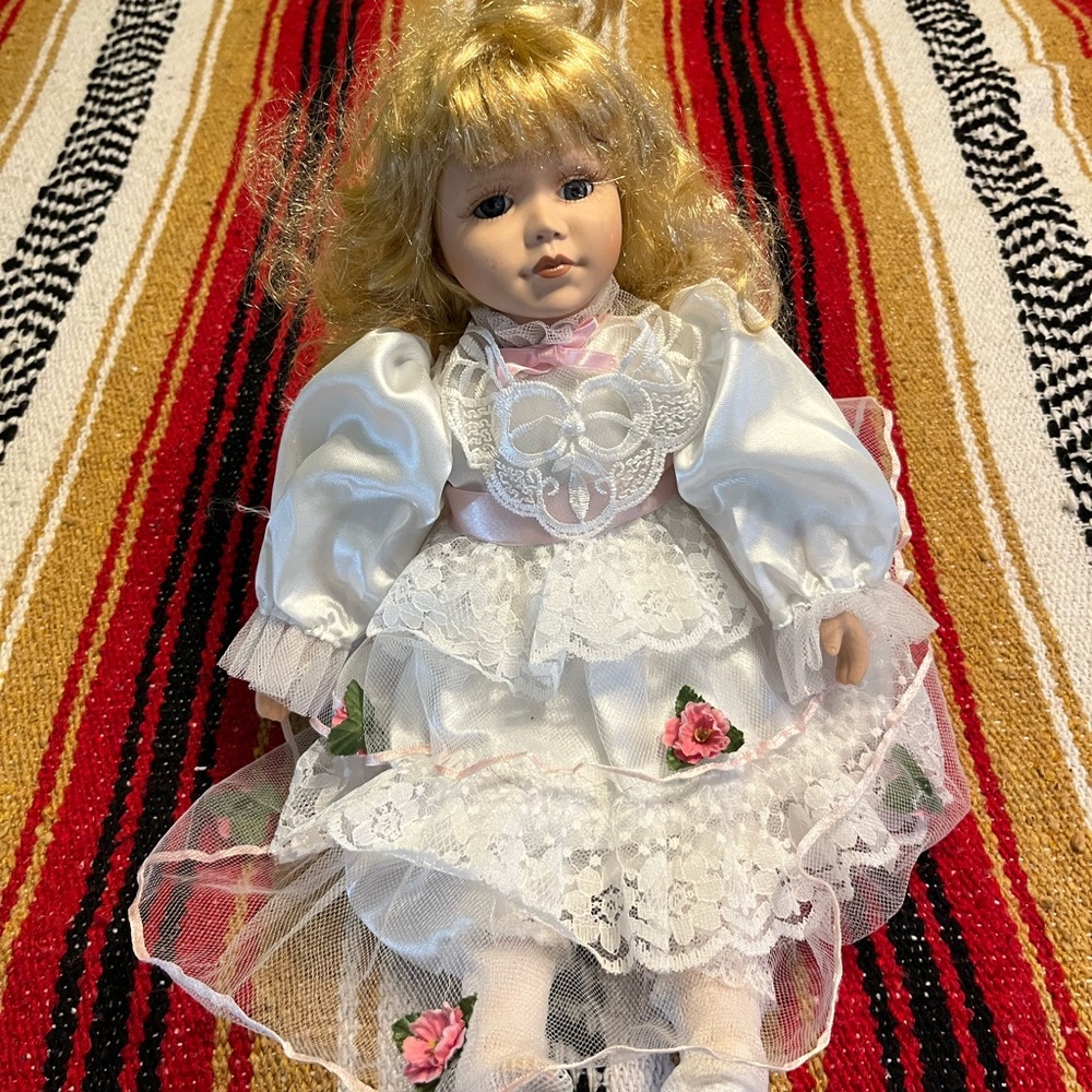 Artmark Chicago Porcelain Doll Blonde Hair Blue Eyes White Lace Dress 14–16”